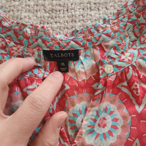 Talbots Womens XL Red Blue Medallion Print Sleeveless Cotton Ruffle Neck Blouse - Picture 5 of 7